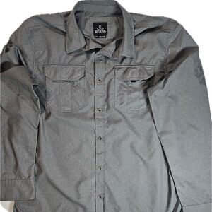 prAna Shirt Mens Large Gray Long Sleeve Button Down Outdoor Travel Hiking Tech